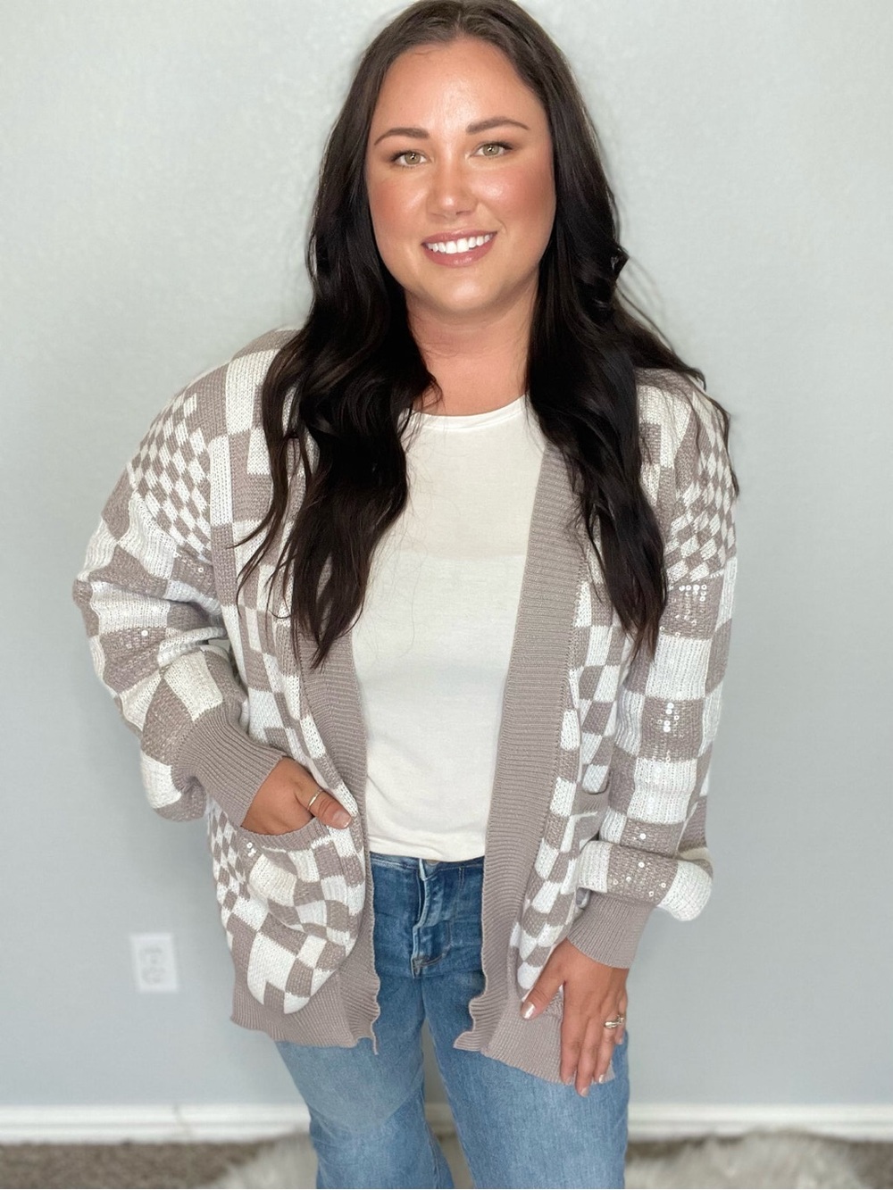 Sequin Checkered Cardigan
